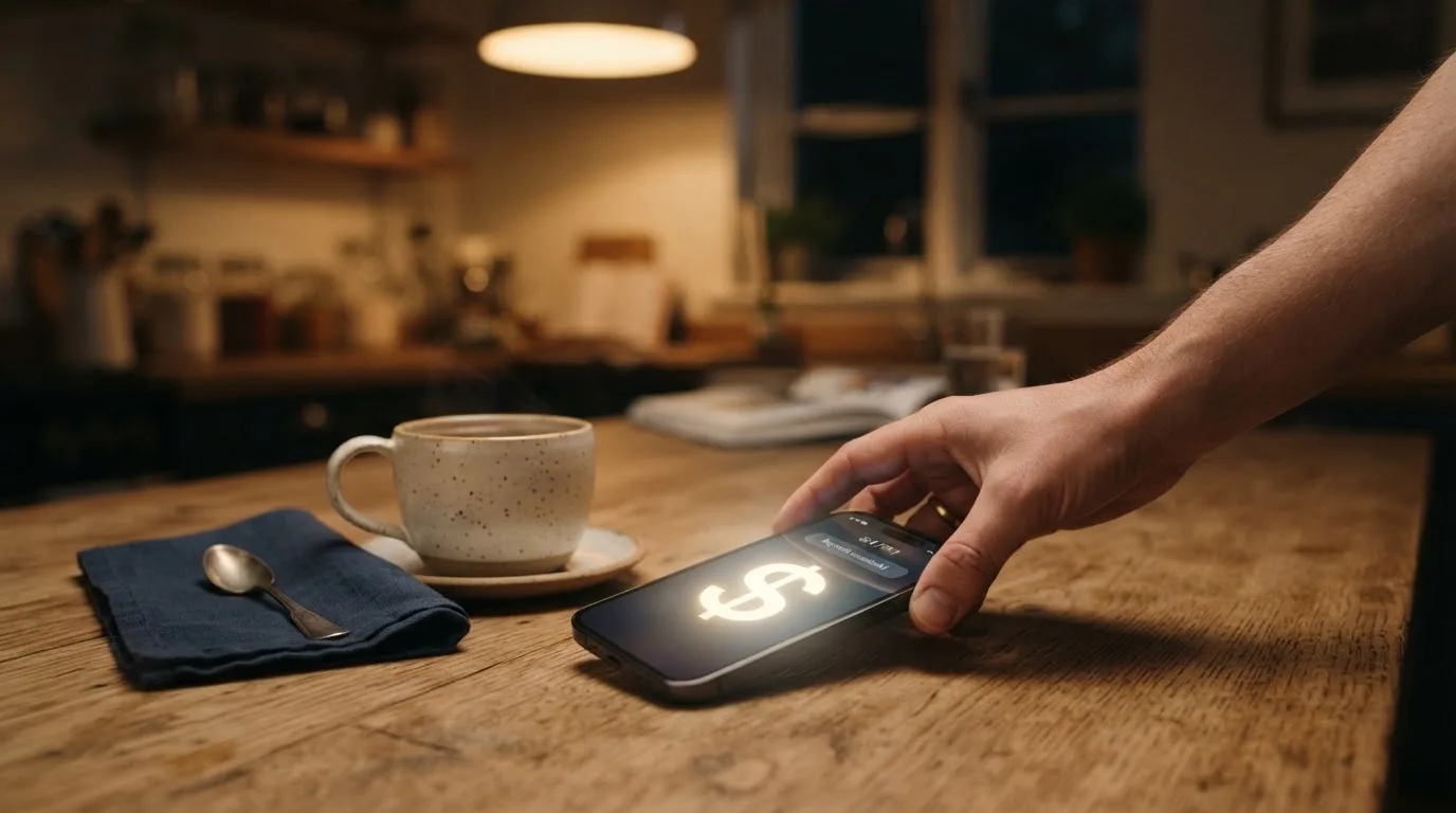 A hand setting a smartphone down beside a cup of tea on a kitchen table on a quiet evening